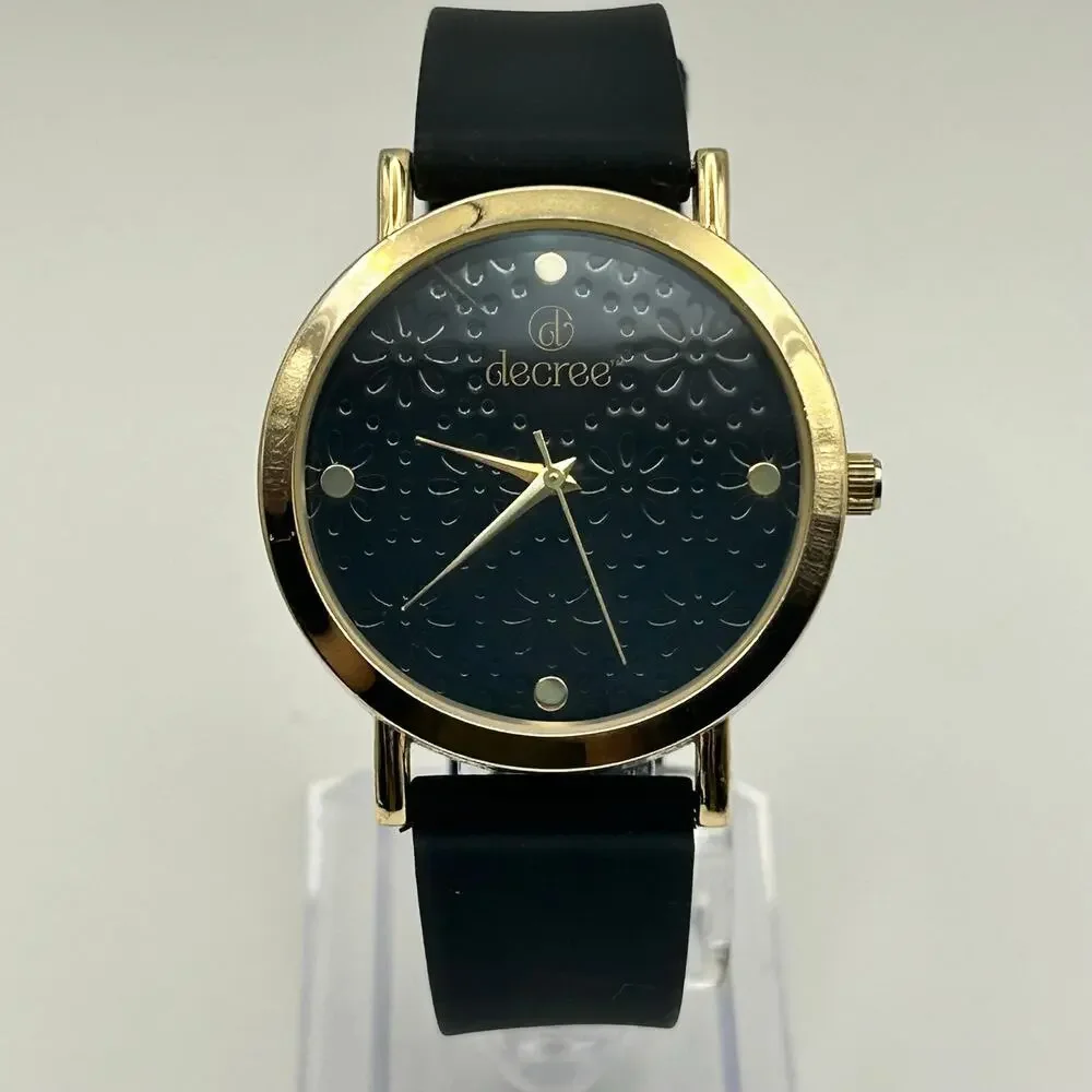 Decree Gold Tone Black Silicon Band Women’s Minimalist Watch  New Battery